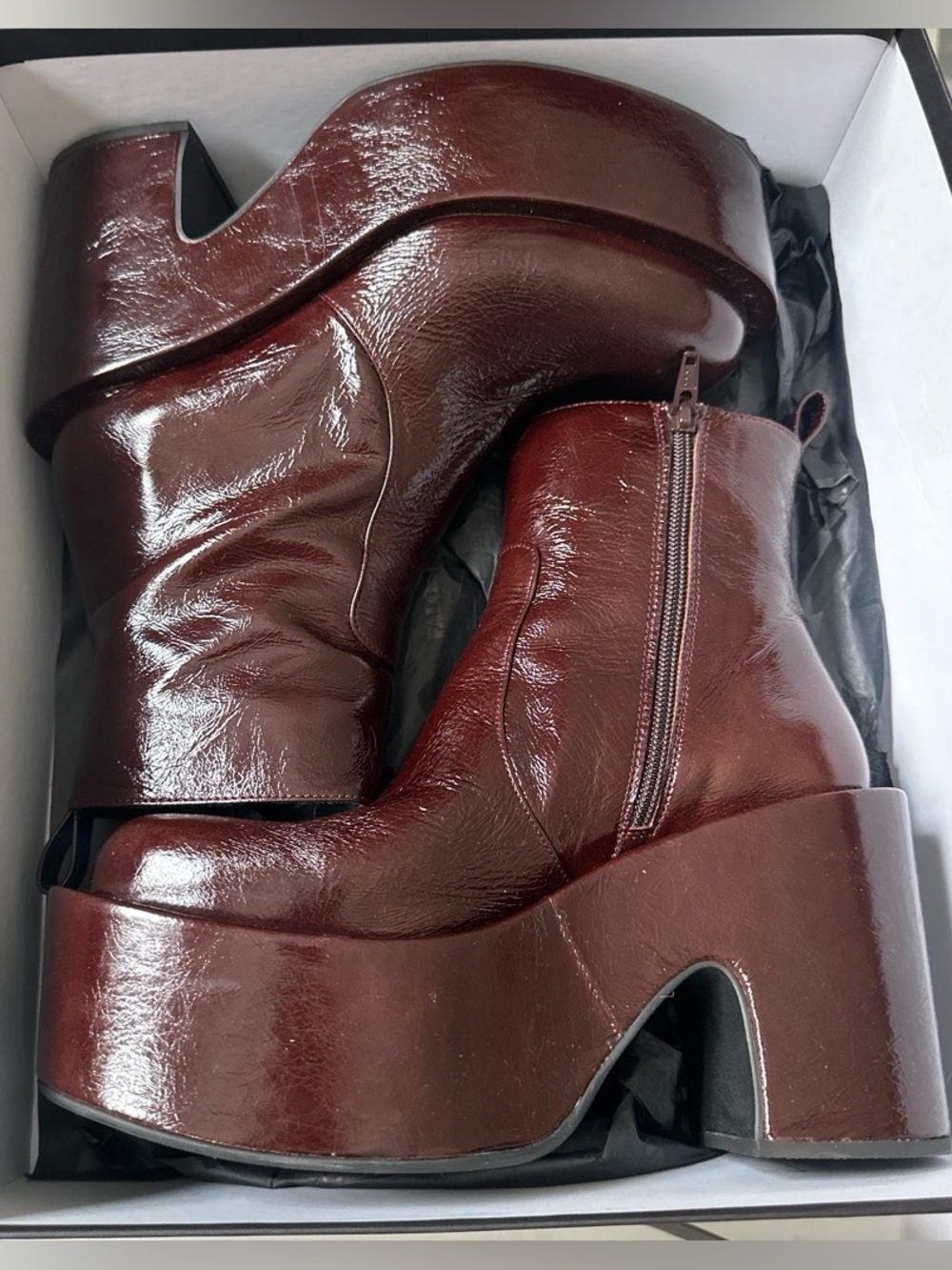 Paloma Barceló burgundy patent leather platform chunky heeled boots